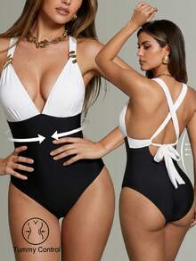 Shapewave 女士连体泳衣，肩带饰有金色螺旋纹，黑白撞色设计，露背系带，收腹，夏季海滩度假连体泳衣 - 黑與白 - 查看 1