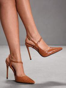 CUCCOO SZL 女士尖头高跟鞋，亮黑色材质，时尚性感夜店派对走秀踝带超高跟鞋，圣诞节必备 - 7639石頭紋棕33 - 查看 1