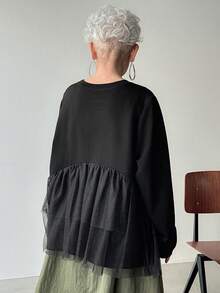 FRIFUL Women's Solid Color Mesh Patchwork Sheer Layered Loose Casual Versatile T-Shirt - Black - View 5