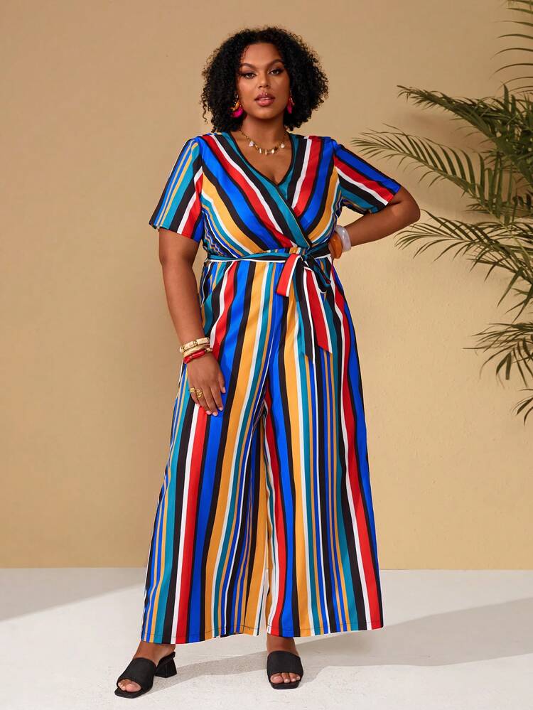 Plus Size Women's Colorful Striped V-Neck Short Sleeve Loose Jumpsuit For Summer/ Vacation Summer Outfits Summer Clothes  Spring  Spring Outfit Women Spring Clothes Beach Vacation Outfits For Women Bohemian Plus Size Jumpsuits For Women Plus Size Vacation Outfit Plus Size Summer Sets