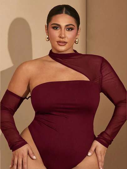 SHEIN BAE Plus Size Women Black Mesh Contrast Asymmetric Bodysuits, Strapless Bodysuits, Women Bodysuit & Concert Women Outfit & Festival Outfits Summer Tops, For Winter