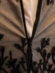 Tween Girl Floral Embroidery Mesh Splice Elegant Party Dress With Stand Collar - Black - View 5