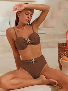 Swim Vcay Conjunto de traje de baño sexy de tela brillante con decoración de estrella de mar, para vacaciones en la playa - Marrón - Ver 3