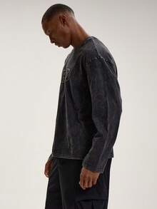 Musero 长袖圆领印花水洗T恤，DBD图案，春夏必备叠穿单品 - 黑色 - 查看 3