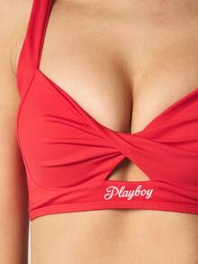 Missguided x Playboy 交叉前扭结运动文胸，镂空设计，饰有品牌标志，适合运动和训练穿着 - 紅色 - 查看 4