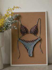 Swim Mod 2pcs/Set Women's Fashionable & Cute Beach Outfit, Sexy Party/Yacht Polka Dot & Striped Print Halter Backless Reversible Tie-Front Crop Top And Adorable Bikini Bottoms - Multicolor - View 3