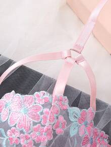 2pcs Women Embroidered Hollow Padded Bra & Panty Set, Sexy Lingerie - Pink - View 4