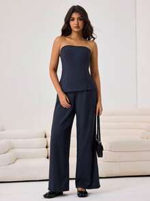 Aidyla Women's Casual Tube Top And Pants Two Pieces Set, Commuting And Streetwear - Dark Grey - View 5