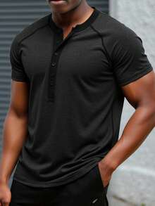 Manfinity Sport Corelite Camiseta deportiva de manga corta raglán con botones para hombres - Gris Oscuro - Ver 5