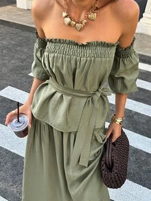 Breezaya 女士两件套露肩灯笼袖收腰A字宽松休闲度假套装，适合春夏穿着 - 軍綠色 - 查看 5