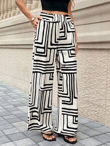 Chiquease Women's Casual Commuter French Geometric Print Wide Leg Pants - Black and White - View 5