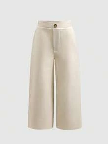 Young Girl Solid Color Round Neck Tie Front T-Shirt And Wide Leg Pants Casual Outfit - Apricot - View 4