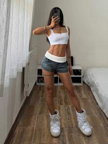 StreetHx Quần short denim nữ kiểu dáng ôm sát, cạp gập, phối nhiều mảnh vải, gợi cảm, phong cách Y2K. - Rửa tối - Xem 3