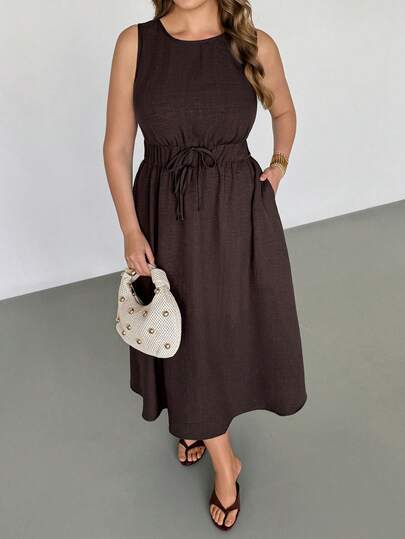Auralis Linen Sleeveless A-Line Dress, Plus Size, Elegant For Work/Commute, Elastic Waist With Tie Belt, Flared Hem Casual Vacation French Romantic Dress, Comfortable Bohemian Style Brown Dress/Pocket Dress / Summer Sleeveless Lightweight Flowy Fitted Midi Dress / Brown Vest Dress / Teacher's Uniform / Beach Vacation