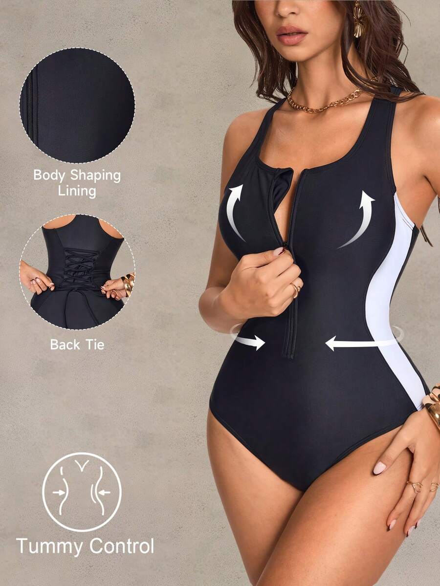 Shapewave 女士黑色连体拉链泳衣 - 修身性感设计，后背交叉绑带，时尚前卫 - 黑色 - 查看 1