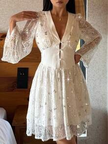 DAZY Sequin Butterfly Lace Waist Cinching V-Neck Women's Nightgown Dress - White - View 4