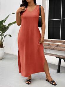 SHEIN Frenchy 大码休闲度假V领蕾丝拼接开衩连衣裙 - 玫瑰紅 - 查看 3