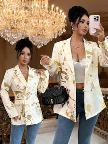 Elenzga Áo khoác blazer hai hàng khuy thời trang thanh lịch mới dành cho nữ, chất liệu vải in họa tiết lá vàng, áo blazer lá vàng cho nữ, áo blazer nữ. - Nhiều màu - Xem 3