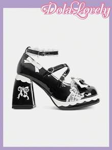 Dola Lovely 女士时尚高跟鞋，饰有蝴蝶结和搭扣设计 - 黑色 - 查看 8