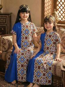 Tween Girl Arab Clothing Middle Eastern Style Blue And White Vintage Geometric Patchwork Dress,Summer Boho Family Matching V-Neck Jalabiya - Multicolor - View 3