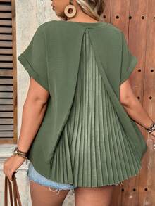 Ceyna Women's New Round Neck Short Sleeve Pleated Back Chiffon Cuffed Elegant Casual Blouse, Spring/Summer - Green - View 3
