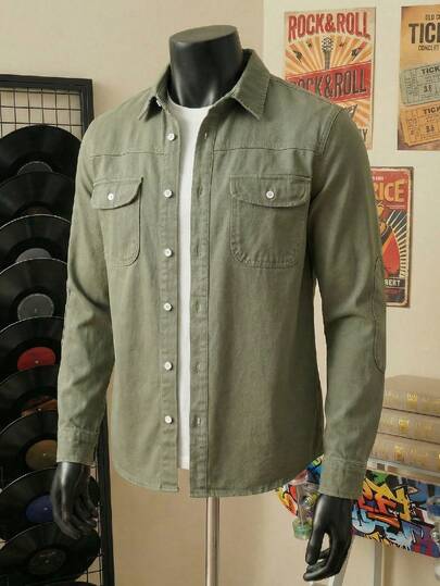 Manfinity Joysei Men's Slim-Fit Olive Green American Casual Denim Jacket Going Out Hang Out Work Commute Street