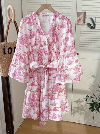 Cévolie Dammode Casual Elegant Romantisk Semesterklänning med Tryck och Knappar