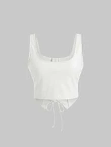 SHEIN MOD Débardeur  premium mat à ourlet asymétrique avec boutons à œillet et nœud devant pour femmes grandes tailles. Débardeur pouvant être porté à l'intérieur et à l'extérieur - Blanc - Voir 2