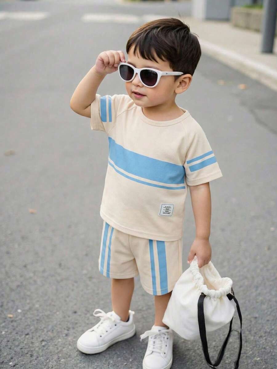 SHEIN Playful Pals 2 Stücke/Set Kleinkinder Jungen Lässig Kurzarm T-Shirt und Shorts Set - Babyblau - Übersicht 1