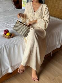 DAZY Romantic Lace Patchwork Textured Loose Lantern Sleeve Mid-Length Women Nightgown - Beige - View 6