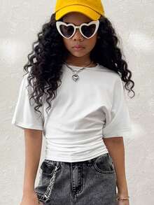 Coolane Kids Tween Girls Spring/Summer, Minimalist Y2K Basic Daily Wear Casual Back To School Streetwear Stretchy White Loose Ruched Crop Tees - White - View 1