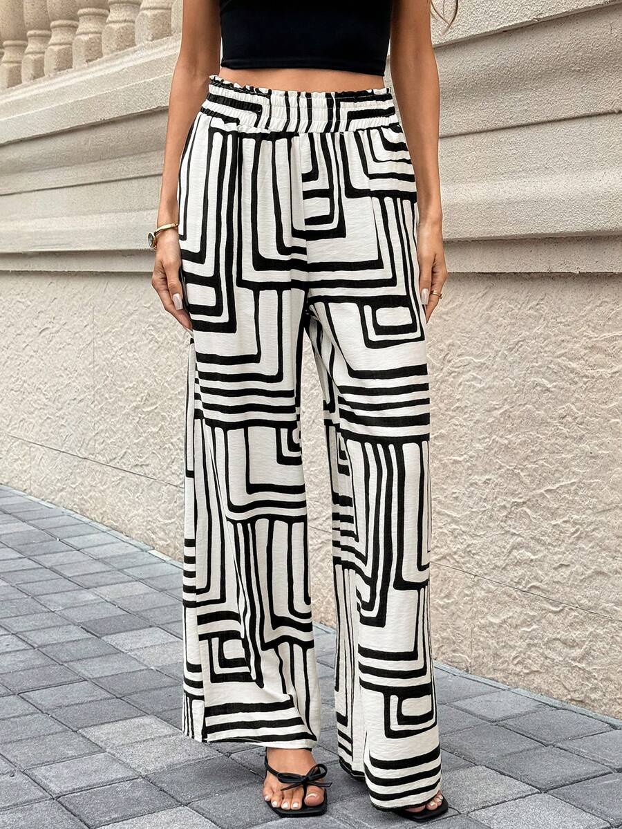 Chiquease Women's Casual Commuter French Geometric Print Wide Leg Pants