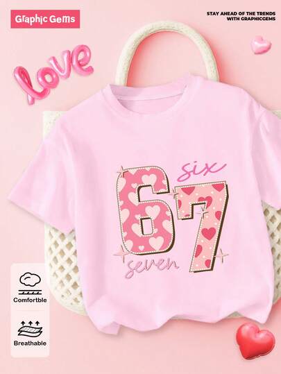 SHEIN GraphicGems Young Girls' Casual Comfortable Fashionable Versatile Creative Funny 3D Cartoon "K-Pop" Girl Pattern Short Sleeve T-Shirt, Suitable For Outings, Shopping, School Wear In Spring/Summer