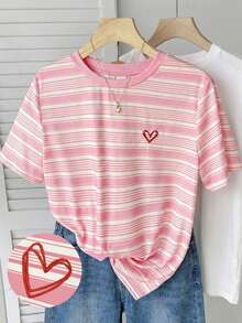 Teen Girls' Casual Versatile Sweet Pink Striped + Heart Embroidery Graphic Round Neck Regular T-Shirt Cute Teen Tops Cute Shirts Summer Summer Tops For Teen Girls Aesthetic Aesthetic Teen Girl Shirts - Pink - View 3