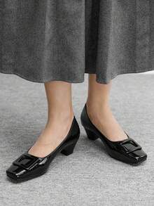 CUCCOO BIZCHIC Black Square Toe Backless Mid-Heel Buckle Strap Women Shoes - Black - View 2