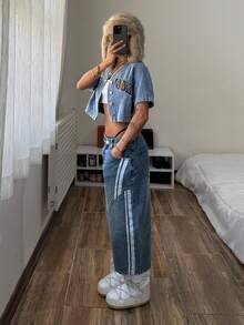 StreetHx Women's Retro Embroidered Baseball Jacket, Short Denim Jacket And Coat - Light Wash - View 3