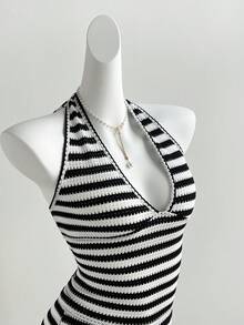 Elamini Women's Black & White Striped Halter Neck Tie Camisole And Super Shorts 2-Piece Set, Casual Vacation Style - Black and White - View 6