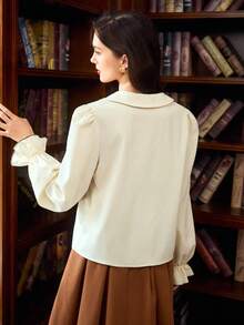 Vintamour 大码女式复古优雅花卉刺绣纽扣休闲衬衫，适合工作、假期、冬季、圣诞节、感恩节和新年等场合穿着。 - 米色 - 查看 6