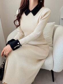 FRIFUL Damska sukienka sweterkowa z długim rękawem i kołnierzykiem w blokach kolorów, zdobiona perłowymi guzikami, dopasowana, wyszczuplająca, jesień/zima - Beżowy - Zobacz 7