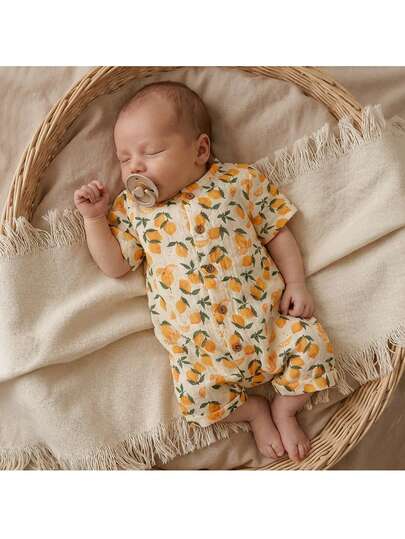 Loomiva Newborn Baby Girl Lemon Print Round Neck Short Sleeve Romper & Shorts Set, Versatile & Comfortable