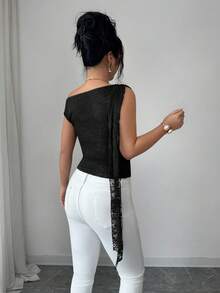 Elenzga 优雅蕾丝吊带无袖衬衫，饰有蝴蝶结，精致时尚，适合工作和度假穿着，复古风格，春夏必备。 - 黑色 - 查看 2