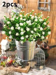 2/6Pcs 35cm/13.78" Artificial Fake Flowers, Artificial Boxwood Plants Imitation Outdoor Plastic Plants, UV Resistant Bushes, Fake Outdoor Plants For Indoor And Outdoor Decoration, Table Centerpiece Vase, Bookshelf, Bedroom, Wedding Celebration Bouquet, Outdoor Garden Decoration, Mother's Day Gift - White - View 7