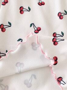 SHEIN 3pcs Baby Girls Cute Print Ribbed Fabric Ruffle Hem Long Sleeve Set, Autumn/Winter - Pink - View 3