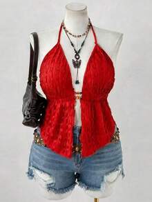 Sunspun Y2K 美式朋克风性感细肩带系带背心（女款） - 紅色 - 查看 1