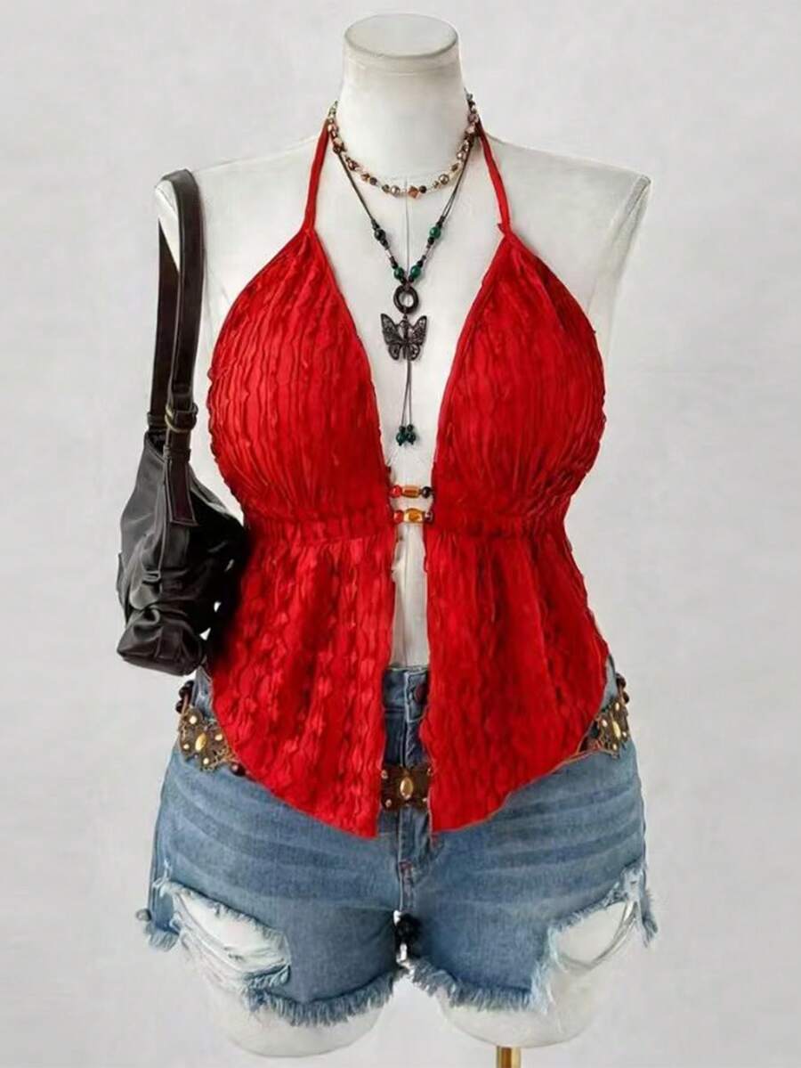 Sunspun Y2K 美式朋克风性感细肩带系带背心（女款） - 紅色 - 查看 1