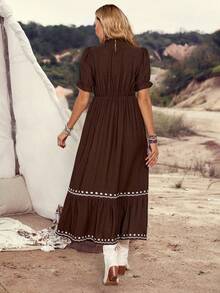 LanaWest Women's Brown Floral Summer Boho Vacation Holiday Dress,Frill Collar Long Sleeve High Waist Embroidered Wavy Hem A-Line Maxi Vintage Western Dress - Brown - View 5