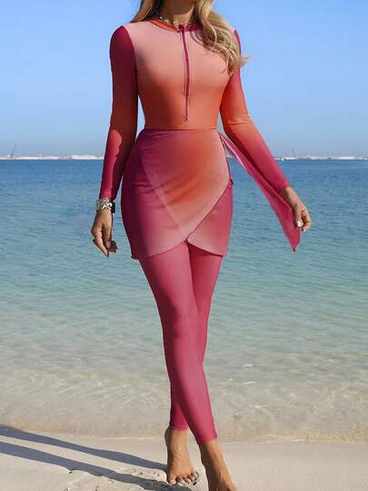 Swim Shayni 26SS Summer Vacation Beach Resort Middle East Conservative Long Sleeve & Long Pants Burkini 3 Pieces Set, Flame/Sunset Ombre,Women Spring Break Beach Outfits: Moderate Conservative Middle Eastern Style Ombre Multi-Color 3 PiecesSwimsuit Set For Summer Beach Vacation,Elegant Women's Beach Swimsuit,Vacation Outfits Women,Holiday, Swimsuit With Sleeves Long Tight Dress High Stretch Dress Mesh Dress For Women See Through Dress Swimsuit Modest Hijab Swimsuit Mesh Two Piece Set Sunset Colors Outfit Mesh Outfit Women Modest Swimsuit Full Coverage Swimwear