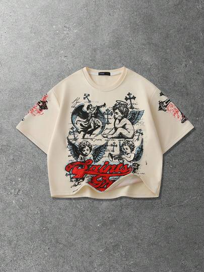 T-shirt casual a maniche corte da uomo con scollo rotondo, stampa con croce e angelo, versatile per il pendolarismo