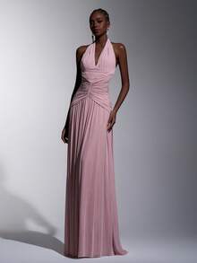 Elitara Elegant, , Fashionable Orange Elastic Mesh Halter Neck Ruched Decor A-Line Dress, Graceful Party Wedding Guest & Bridesmaid - Watermelon Pink - View 6