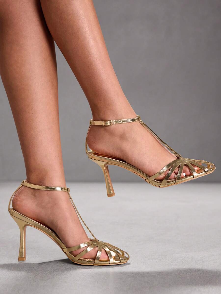 CUCCOO SZL 白色水晶装饰蝴蝶结绑带高跟凉鞋，优雅休闲派对约会婚礼场合女鞋 - 金色PU - 查看 1